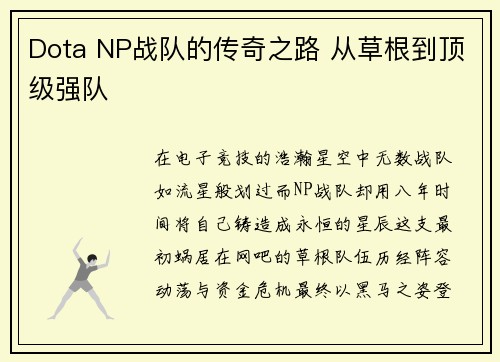 Dota NP战队的传奇之路 从草根到顶级强队